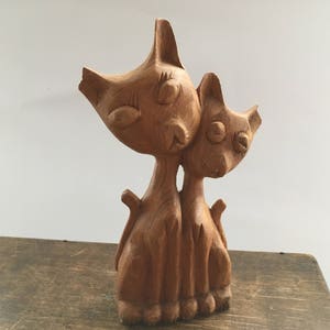 Vintage cats statue Vintage wood cats figurine Carved wooden cats Tribal Home decor