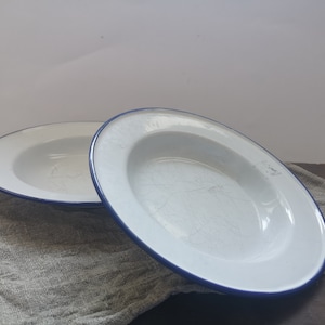 Swedish Kockums enamel plate White plate with blue border Swedish vintage enamelware Cottage chic kitchen