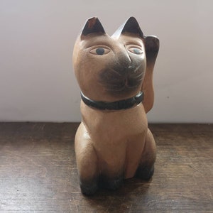 Wooden cat statue Vintage wood cat figurine Carved wood cat Home decor