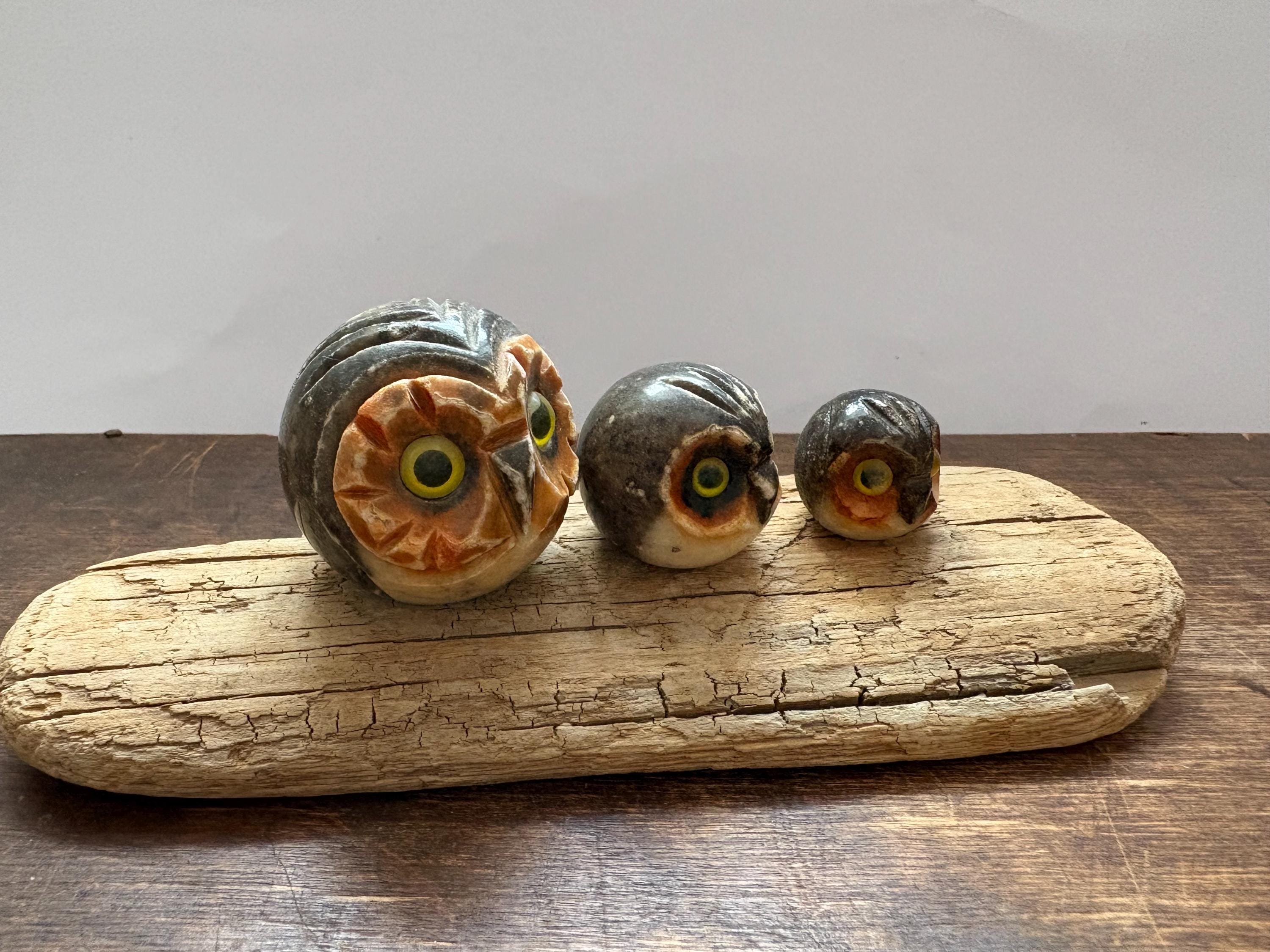 Vintage marble stone Owl family owl paperweight set of 3