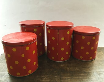 Set of 4 Vintage tin boxes Round Canisters Red yellow dotted  Storage boxes Soviet Vintage kitchen decor made in USSR in 1980s