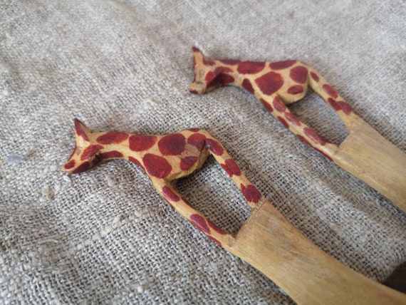Vintage Giraffe Hand Carved Spoon and Fork. Meant for Display