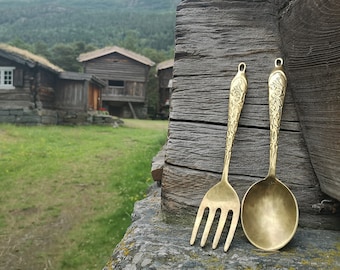 Brass spoon fork Norwegian brass spoon fork Oversized brass fork spoon Large Serving Utensil Scandinavian brass cutlery