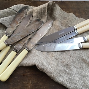 Vintage English knives Set of 9 Silver nickel knives with Celluloid Handles Mid century flatware