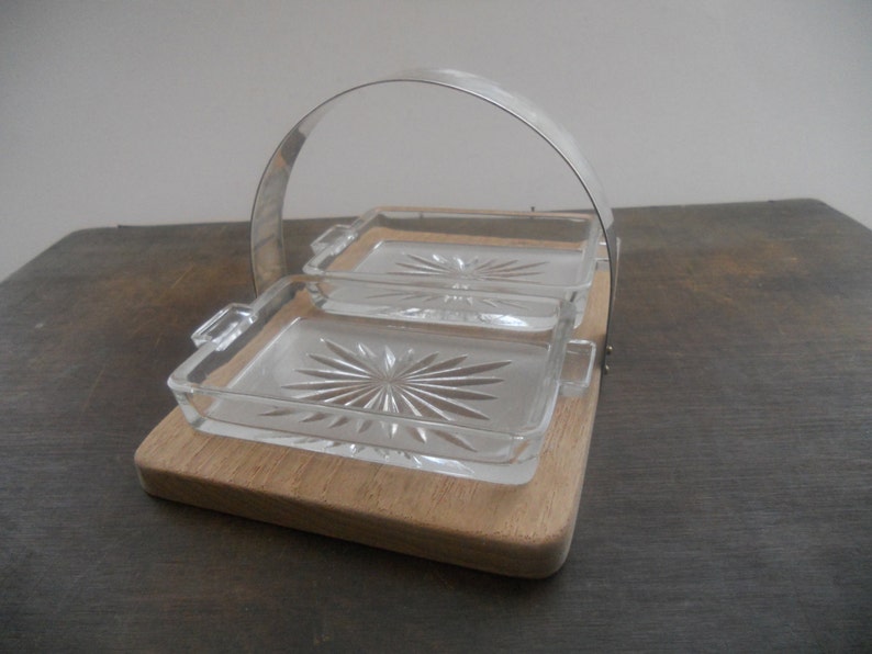 Vintage Wood Serving Tray With Two Glass Inserts and Metal Etsy