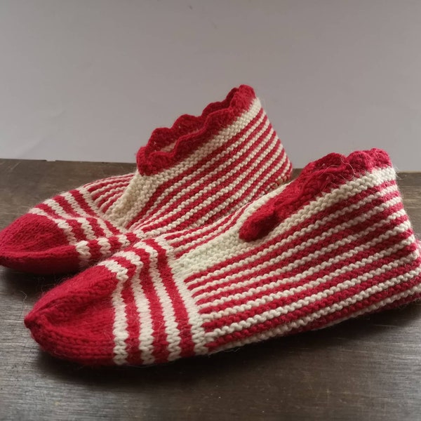 Knitted red and white slippers Winter fall slippers Girls ladies slippers