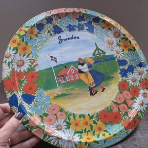 Vintage Swedish round tin tray traditional tray Swedish Vintage tray Sweden souvenir