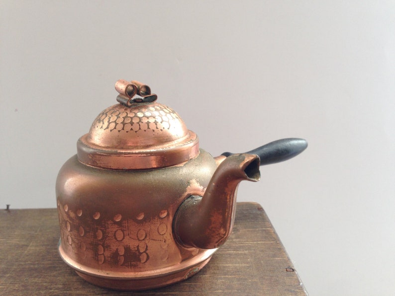 Vintage Copper Tea Kettle Hammered Copper Teapot With a Wooden Etsy