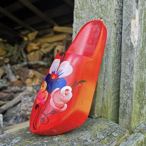 Vintage wooden shoe  Red painted clog handcarved shoe container Handmade souvenir shoe