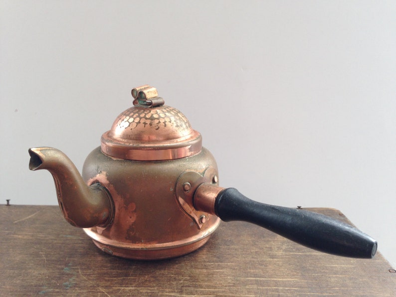 Vintage Copper Tea Kettle Hammered Copper Teapot With a Wooden Etsy