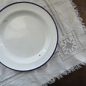 Vintage enamel plate white enamel plate with blue rim Mid Century kitchen yugoslavian shabby cottage enamel plate