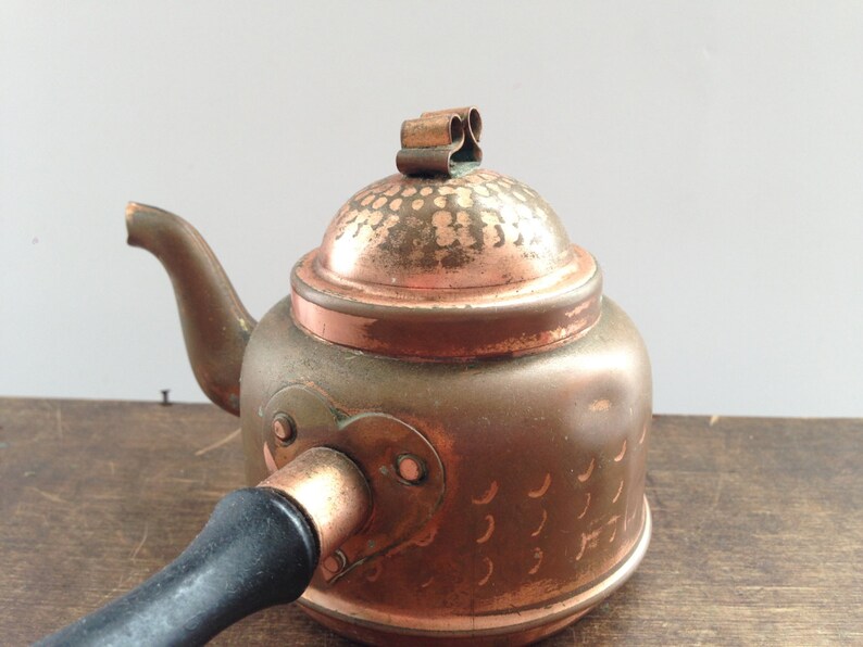 Vintage Copper Tea Kettle Hammered Copper Teapot With a Wooden Etsy