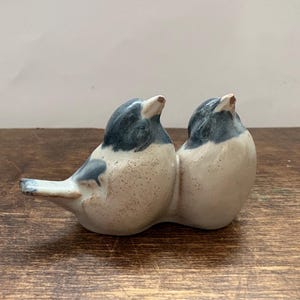 Può includere: Una scultura in ceramica di due uccelli, uniti. Gli uccelli hanno un corpo bianco sporco maculato con teste e ali grigio-blu scuro. La scultura è posta su una superficie di legno.