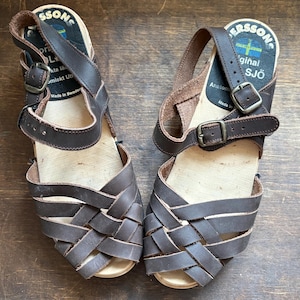 Vintage Swedish Vollsjö clogs leather wood sandals Anatomic clogs Size EU 39 Women&#39;s wooden shoes