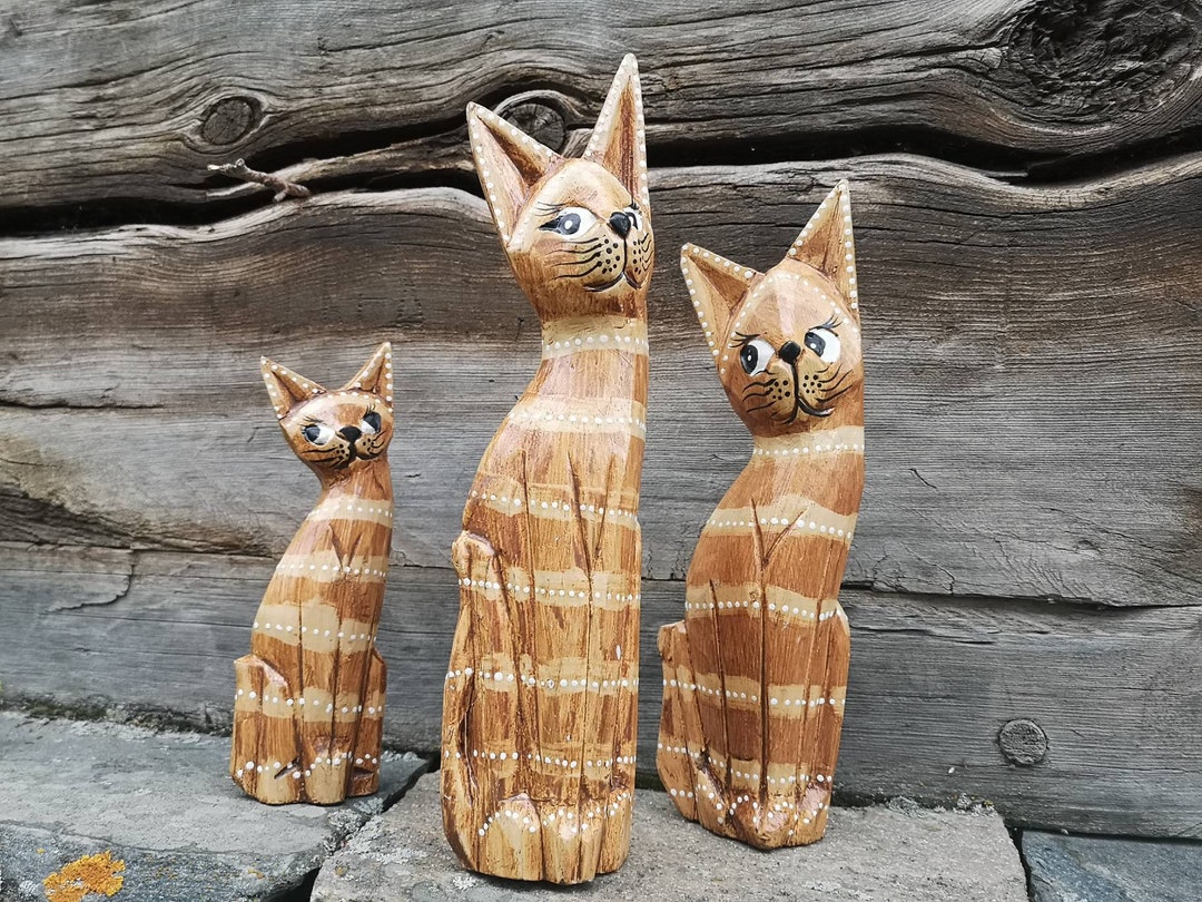 Carved Wood Cat Sitting Cat Figurine Wooden Cat Statue - Etsy