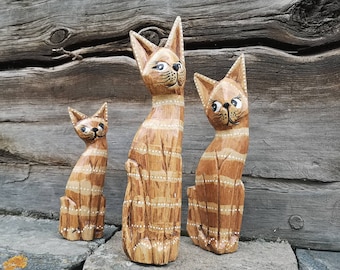 Carved Wood cat Sitting cat figurine Wooden cat statue