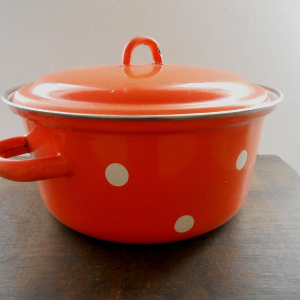 RESERVED Vintage Soviet enamelware Orange White dotted pot Soviet vintage housewares 1980s Vintage kitchen decor