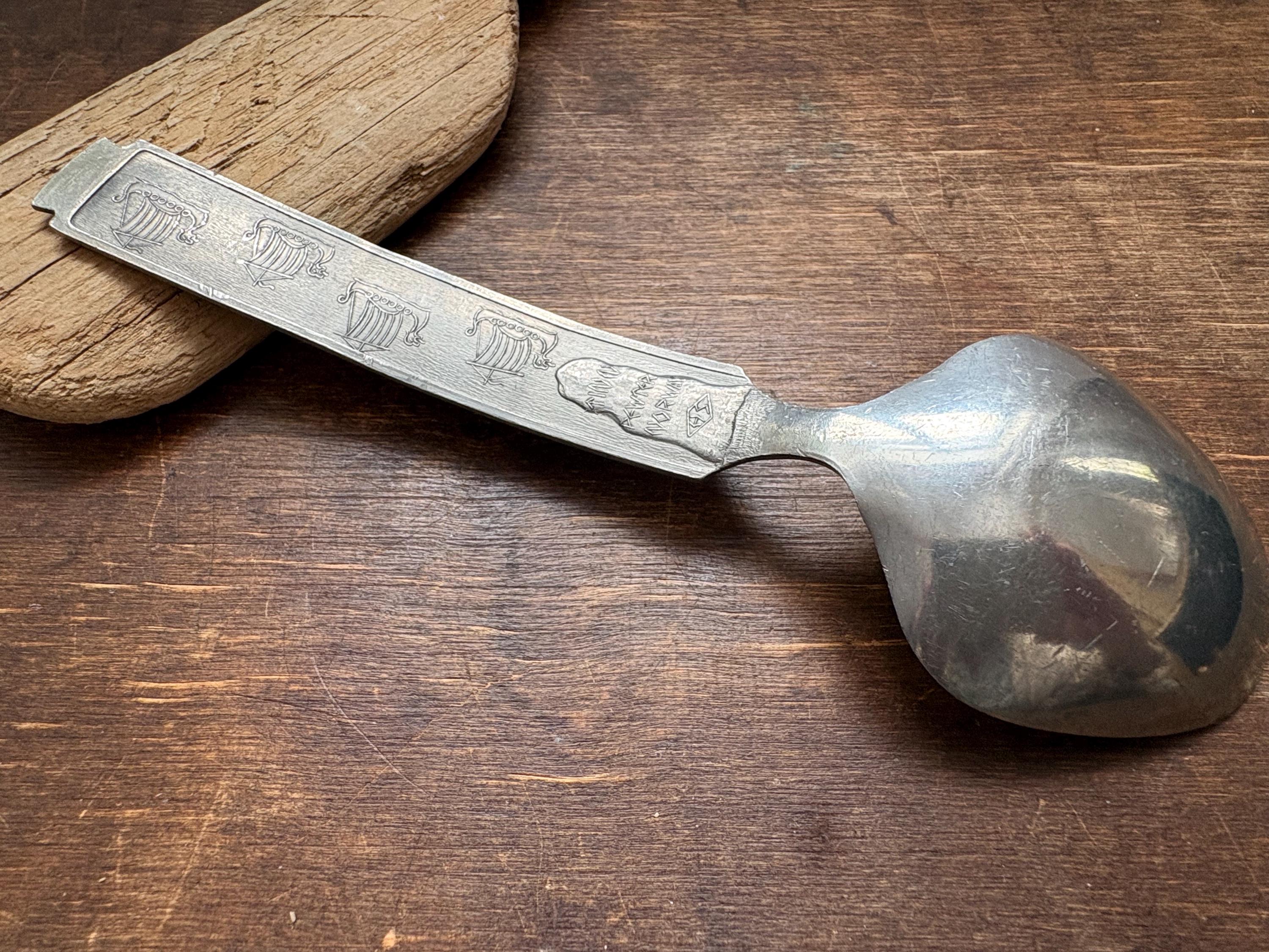 Vintage Pewter spoon Norwegian tin spoon Viking Heilag Olav spoon 