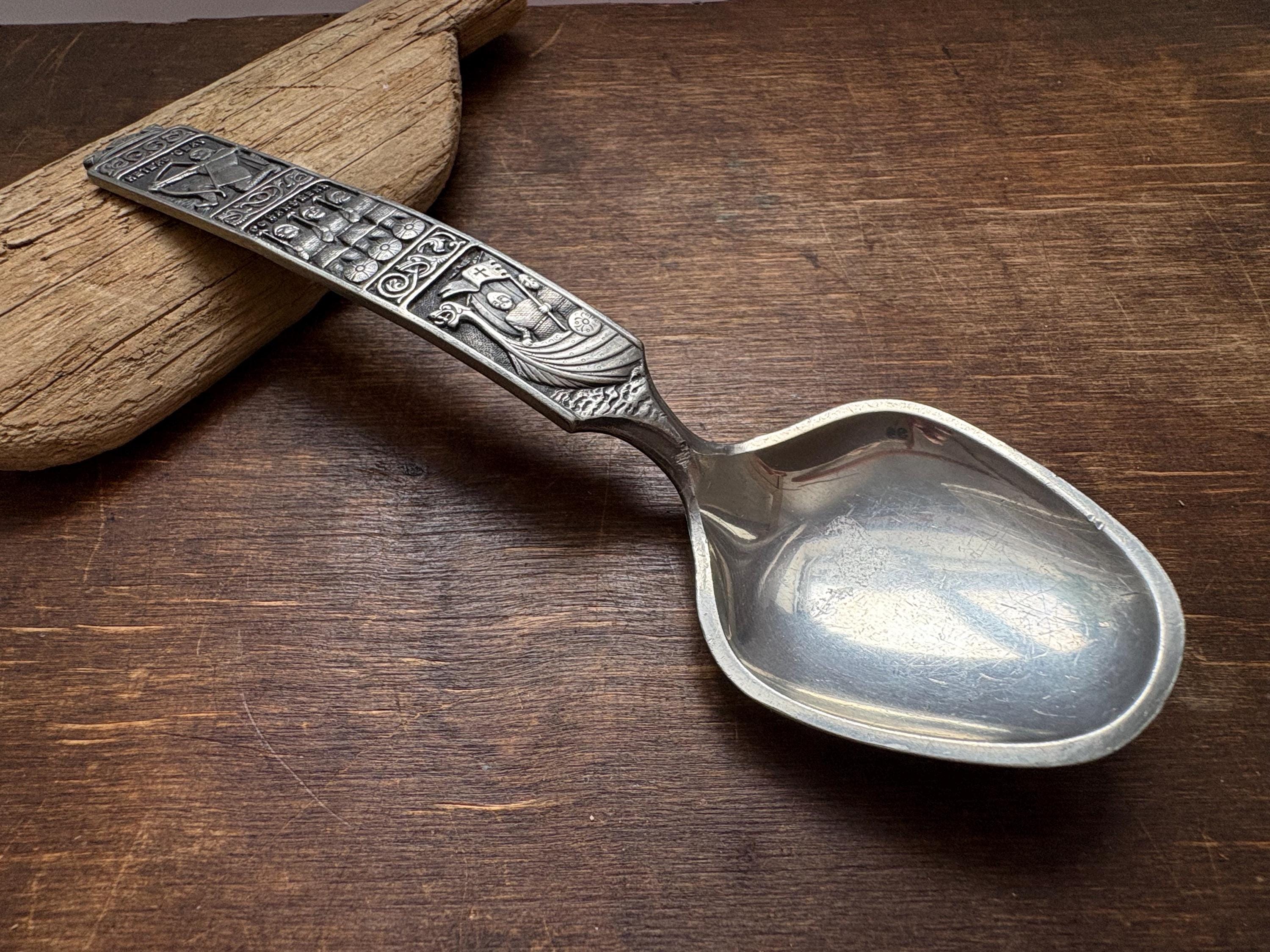 Vintage Pewter spoon Norwegian tin spoon Viking Heilag Olav spoon 
