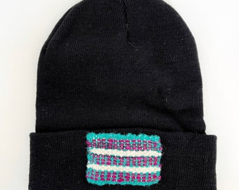 Black Beanie Hat with handwoven patch