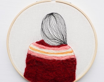 sweater weather embroidered portrait, needle felted embroidery hoop, wall art home decor