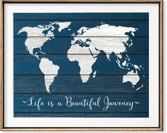 Rustic World Map Art Print, Wanderlust Gifts Print, World Map Print Wood, World Traveler Map, Wedding Gifts For Couple Travel Quote Art