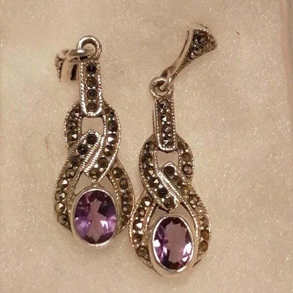 Vintage Art Deco Style 925 Sterling Silver Amethyst & Marcasite Drop Earrings / February birthstone Gift