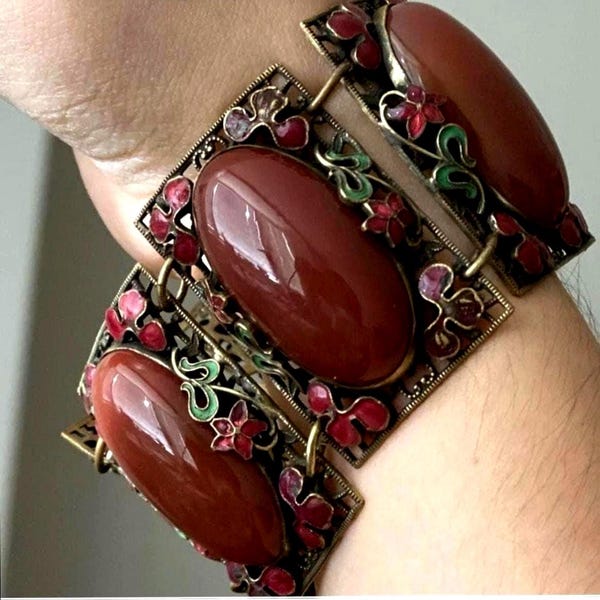 Antique Czech Enamelled Brass & Cabochon Glass Statement Bracelet