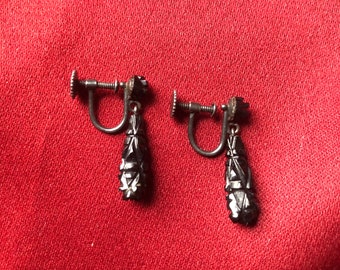 Antique Carved Whitby Jet and Silver Small Drop Earrings