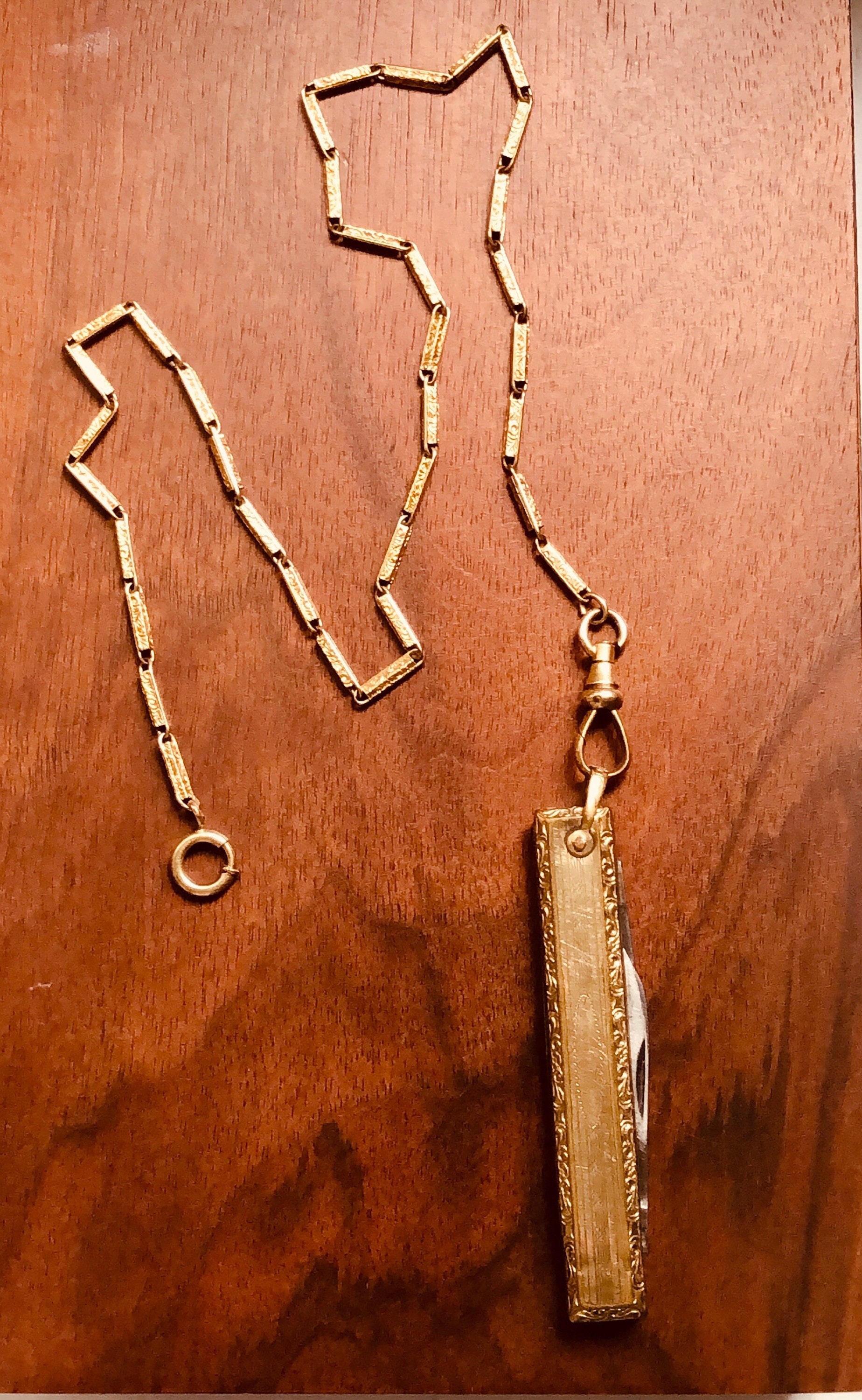 Antique 15ct gold watch chain, dog clip and bolt ring clasp, c1900