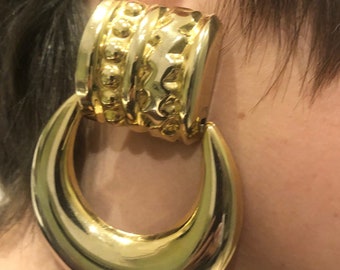 Vintage Costume Jewelry Gold Door Knocker -Huge Statement Earrings