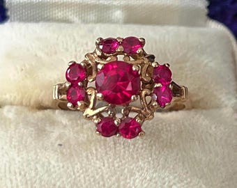 Vintage Art Deco 10K Yellow Gold Lab Ruby Flower Ring - July Birthstone Ring