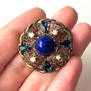 Vintage Czech Peking Lapis Glass & Brass Circular Brooch