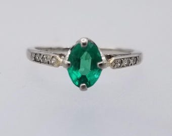 Platinum Art Deco Emerald & Diamond Ring - Wedding Statement Ring