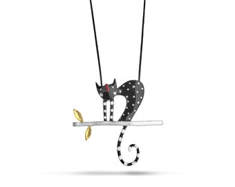 Collier de chat, collier d’argent, collier de charme, cadeau pour elle, conception moderne, émail fait main