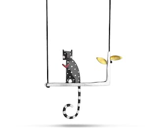 Cat necklace, Silver Necklace, Charm Necklace, Gift for her, Modern Design, Enamel Handmade