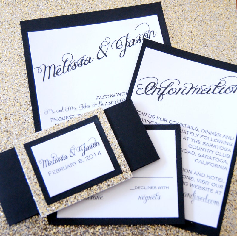 Black and Gold Glitter Wedding Invitation Suite Etsy