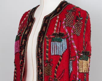 1990's/1980's, Vintage Sequined Jacket, Sequined Blazer, Small, Beaded Multi Colored, Ugly Christmas Sweater