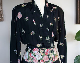 Vintage 90s  black and floral midi dress, 80s, black dresses, small floral dresses, vintage floral dresses, long sleeve vintage dress