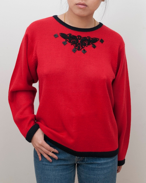 Vintage Red Sweater, Embroidered Sweater, Red Shir