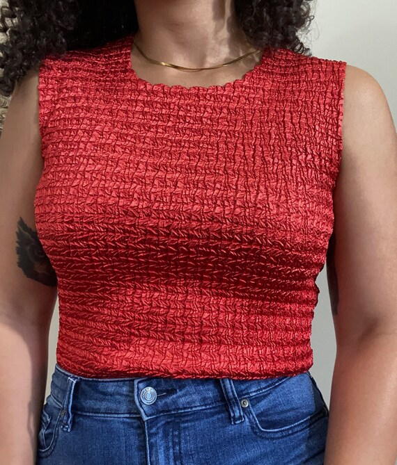 Womens textured tops, red silky tops, sleeveless … - image 1