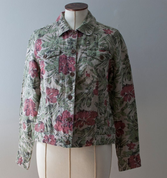 Linen Jacket, Womens Hawaiian print Jacket, S, Bu… - image 4