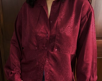 Womens vintage blouse, silky burgundy blouse, patterned blouse, unique vintage blouse