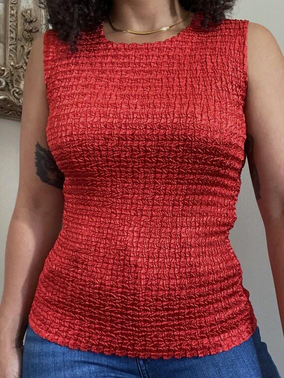 Womens textured tops, red silky tops, sleeveless … - image 2