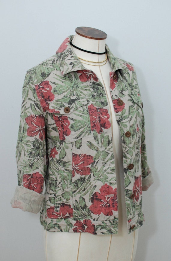 Linen Jacket, Womens Hawaiian print Jacket, S, Bu… - image 1