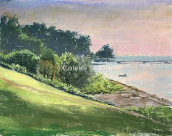 May include: Pastel painting of a landscape with a grassy hillside, trees, and a body of water in the distance. The sky is a soft pink and blue.