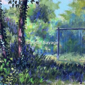 May include: A pastel painting of a swing set in a lush green forest. The swing set is made of dark wood and has two swings hanging from it. The forest is filled with trees and bushes, and the ground is covered in green grass. The painting is signed "Colette Savage" in the lower right corner.