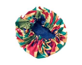 Red and blue kente knots satin line bonnet for toddler  - Bath and beauty night bonnet