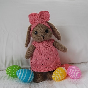 Hand Knit Easter Bunny Stuffed Toy Doll in a Dress