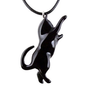 Hand Carved Black Cat Pendant, Wooden Kitten Necklace for Men or Women, Pet Animal Jewelry, Cat Lover Gift for Him Her
